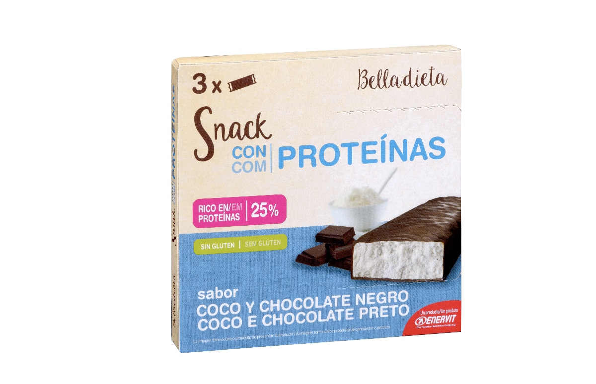 snack de proteinas con sabor a coco y chocolate negro Enervit Belladieta en mercadona